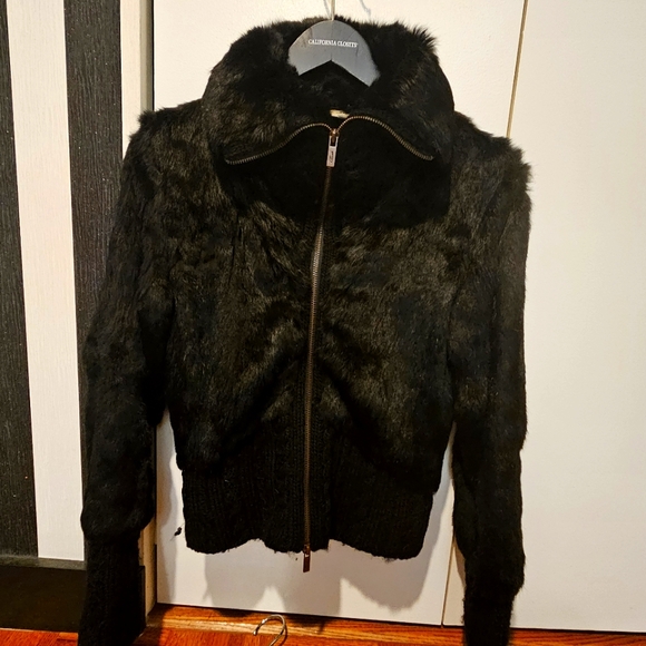 Vintage Christian Lacroix M Black Rabbit Fur Cable Knit Trim Full Zip Coat